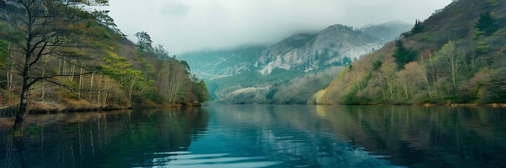 Tranquil lake reflecting misty mountains  green and blue  serene nature scene  perfect for travel and relaxation    - Powered by Adobe