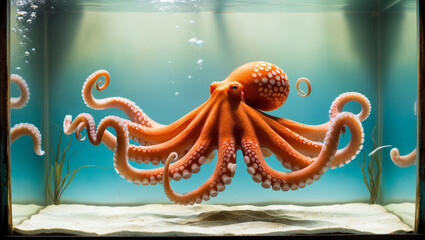 A large orange octopus with white spots is swimming in a tank