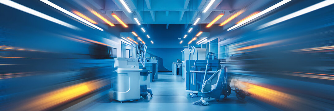 Blue and orange cleaning equipment in a motion blur hallway  Cleanliness and efficiency 