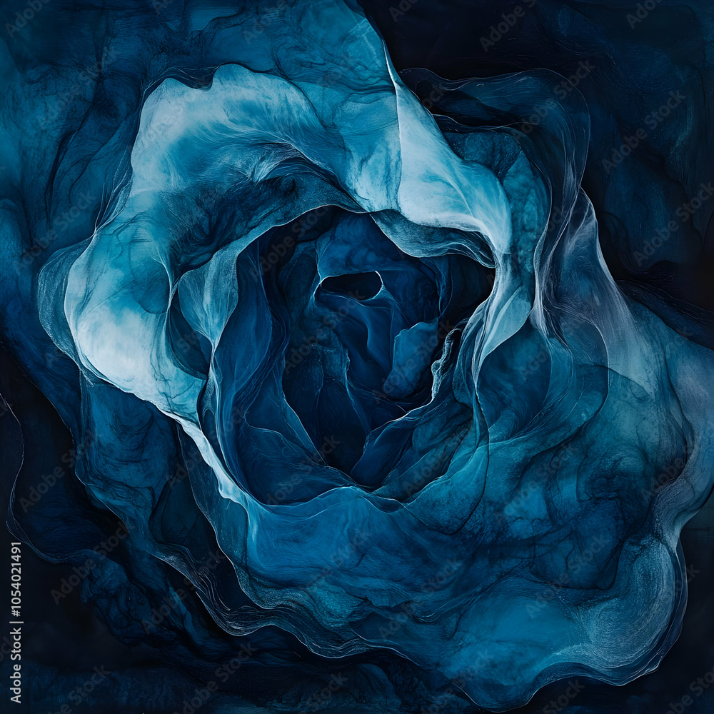 Poster abstract blue ink swirls and layers creating a deep and mysterious space.