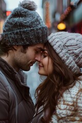 Fototapeta premium Couple is hugging and kissing each other while wearing hats. Scene is warm and affectionate