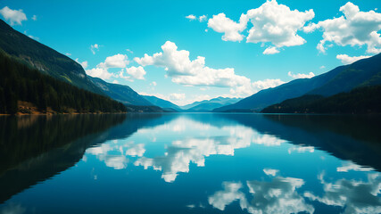 Obraz premium A calm lake surrounded by lush forests and distant mountains, reflecting a clear blue sky and fluffy white clouds, creating a mirror-like effect that enhances the natural beauty.