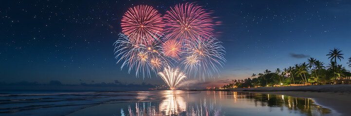 Fototapeta premium Red and white fireworks explode over a tropical beach celebrating a festive night 