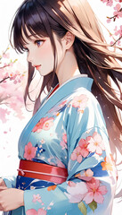 桜と着物を着た若い日本人女性