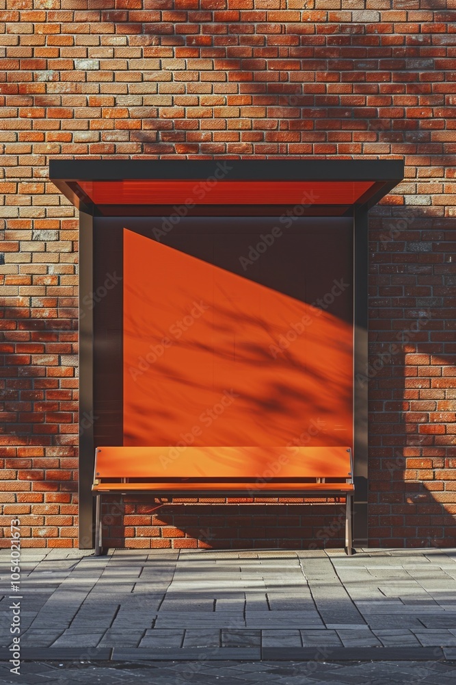 Poster brick building with a red bench in front of it. the bench is orange and is empty