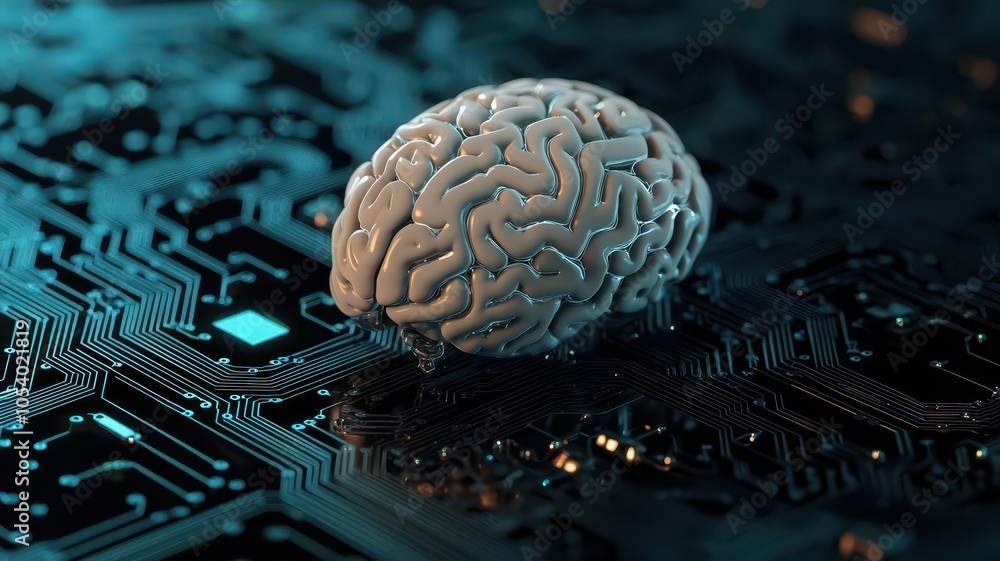 Poster a brain sits atop a circuit board, symbolizing the intersection of neuroscience and technology in a 
