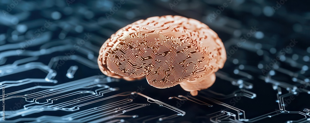 Poster an illustration of a brain integrating with a circuit board, symbolizing the intersection of neurosc
