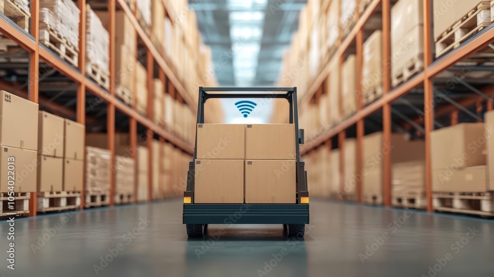 Poster a delivery cart loaded with boxes is positioned inside a spacious warehouse, with wi-fi connection s