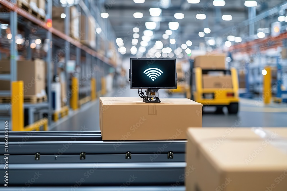 Poster a modern warehouse scene with a monitor displaying wi-fi signals, highlighting technology integratio