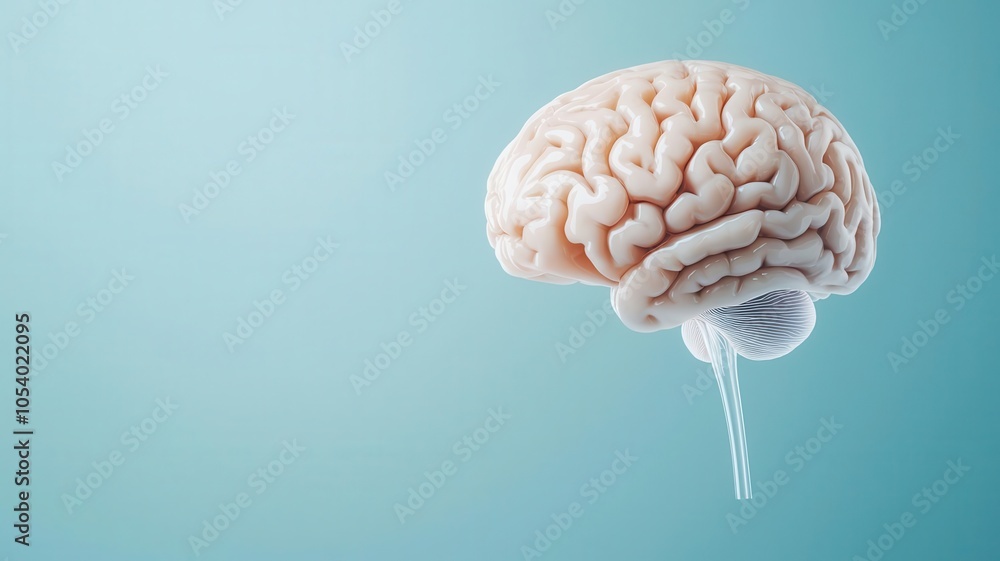 Poster a realistic image of a human brain on a smooth blue background, emphasizing the brain's intricate st