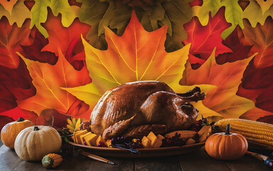 Roasted turkey  golden brown and pumpkins  orange and red  autumnal leaves  Thanksgiving feast   
