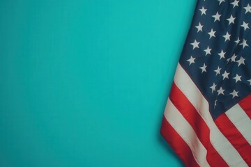 Obraz premium An American flag drapes against a vibrant teal wall, showcasing red, white, and blue colors in a striking contrast.