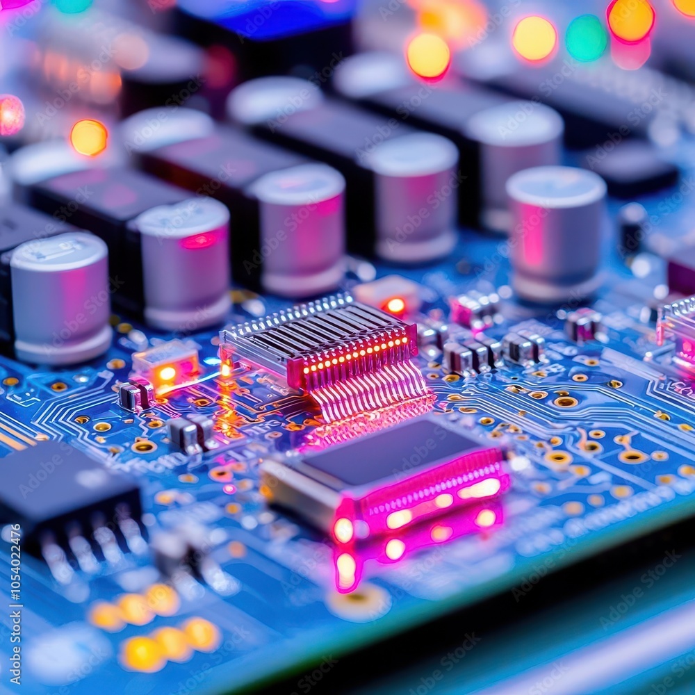 Poster a close-up view of a colorful electronic circuit board featuring various components and illuminated 