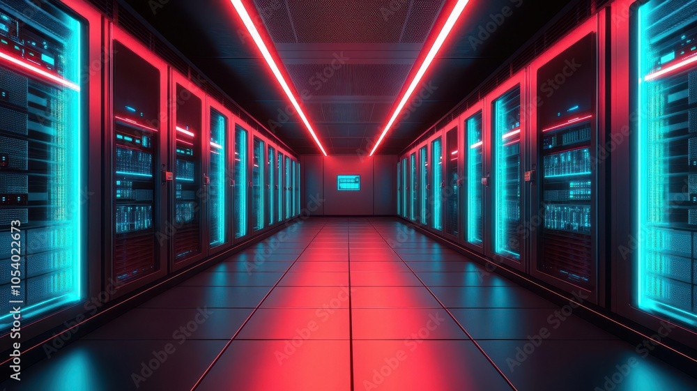 Poster a futuristic data center corridor illuminated by red and blue lights, featuring rows of server racks