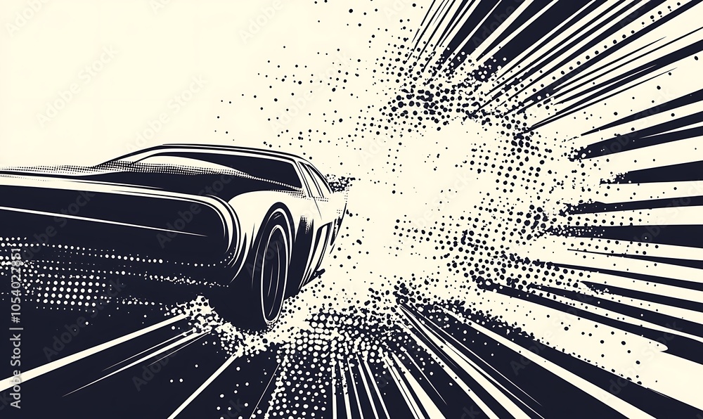 Poster black and white illustration of a car driving fast with a speed lines and halftone effect in the bac
