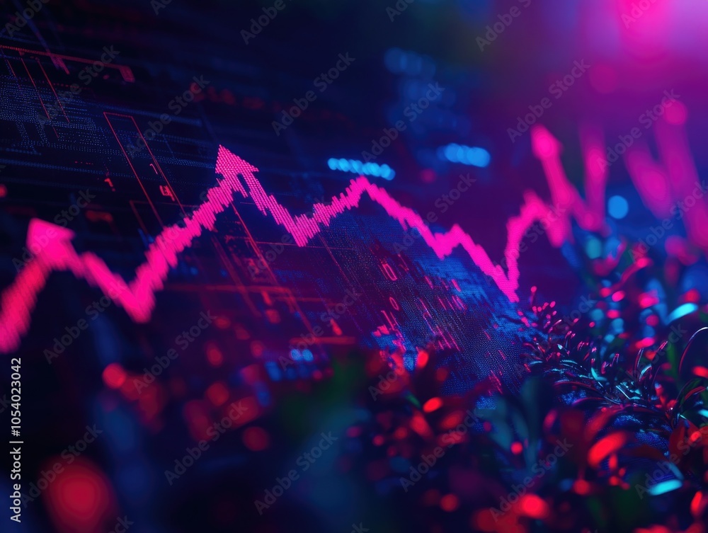 Poster graph with red lines and a purple background. the graph is showing a downward trend. the purple back