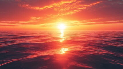 Obraz premium A beautiful sunset over the ocean with a large sun in the sky