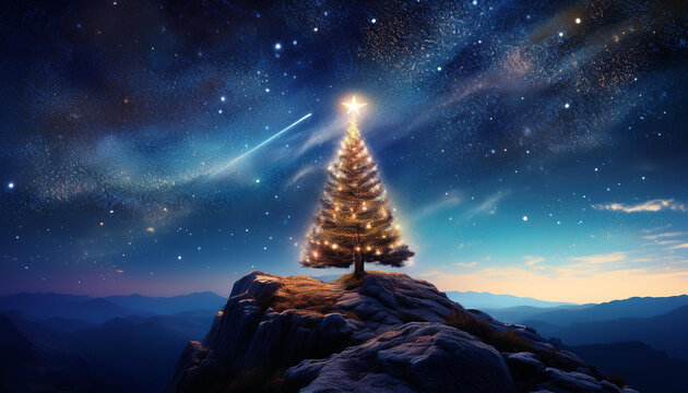 Escena m&aacute;gica en la Naturaleza con &aacute;rbol de Navidad en la cima de una monta&ntilde;a o ladera. Escena nocturna, estrella fugaz y estrellas brillando. Fondo navide&ntilde;o