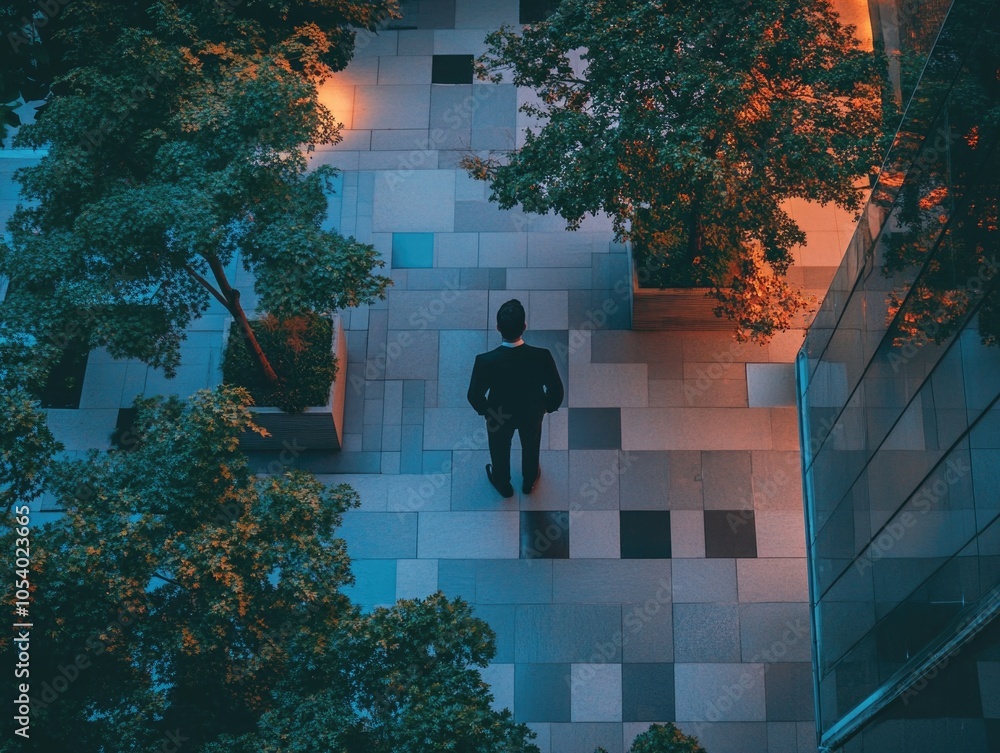 Poster man in a suit is walking on a sidewalk in front of a building. the image has a mood of solitude and 