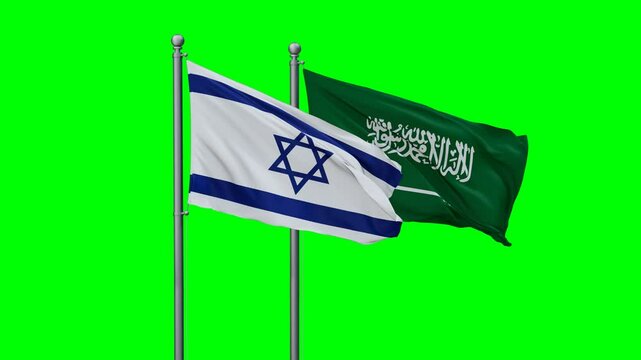 Saudi Arabia and Israel flags flying together, video concept of the relationship with colored chroma key for easy background remove