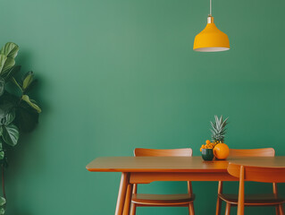 Esstisch und Stühle aus Holz vor grüner Wand. Skandinavisches Innendesign eines modernen Esszimmers im Stil der Mitte des Jahrhunderts.