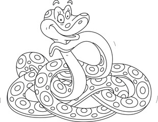 Cartoon character of a funny spotted snake friendly smiling and coiled into a tangled ball, black and white vector cartoon illustration for a coloring book