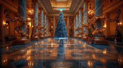Fototapeta premium A grand, ornate hall with a Christmas tree in the center, decorated with garlands and lights.
