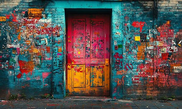 A colorful, graffiti-covered wall with a vibrant door.