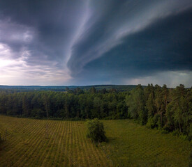 Scarry shelf cloud over forest. Drone landscape.