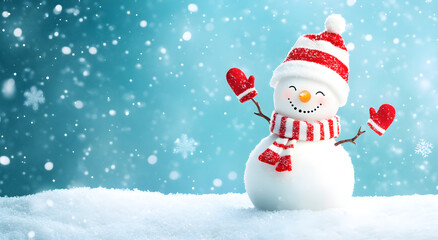 Fototapeta premium Christmas decoration with a cute cheerful snowman in the snow in the winter forest bokeh background. AI generative. 
