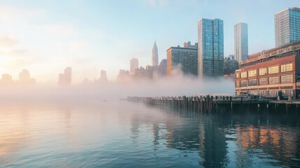 Obraz premium Serene Waterfront View of City with Rolling Fog