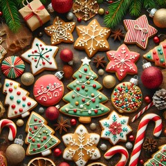 Obraz premium Christmas gingerbread cookies with festive decorations and colorful holiday treats