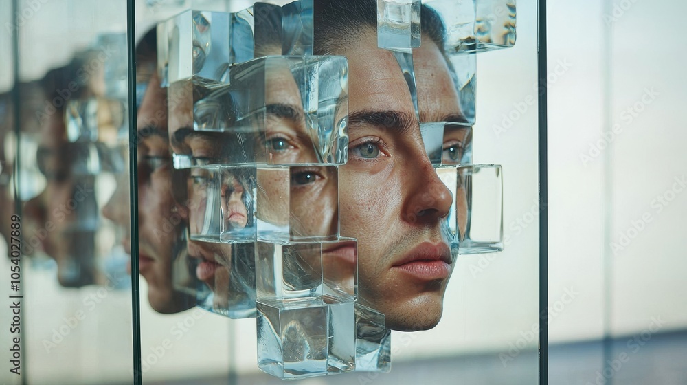 Poster a striking visual of a fragmented human face reflected in mirrored cubes, blending art and technolog