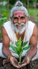 Fototapeta premium A smiling older Indian man in a white tunic gently holds a sapling in his hands as he plants it in the ground.