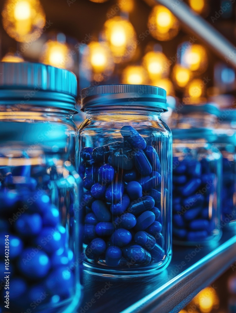 Aufkleber row of blue pills are in jars on a shelf. the jars are all different sizes and are lined up next to 