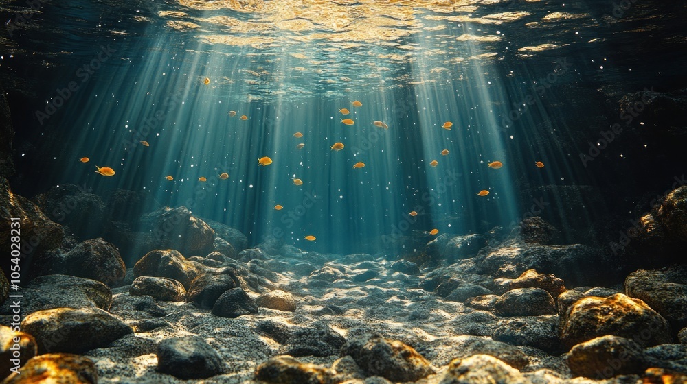 Poster underwater scene with rays of light and floating fish.