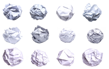 Collection of Twelve crumpled balls of white paper arranged in a grid isolate on transparent background, cutout, png