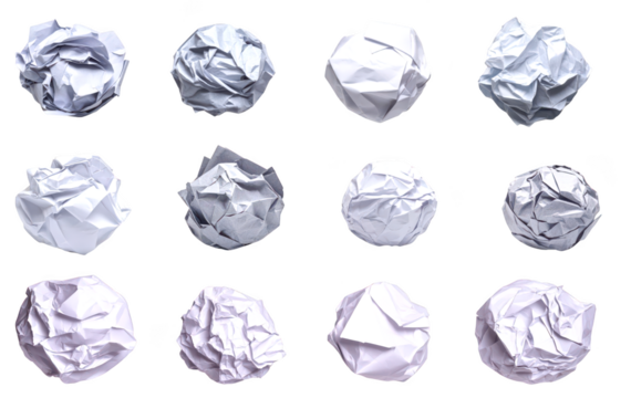 Collection of Twelve crumpled balls of white paper arranged in a grid isolate on transparent background, cutout, png
