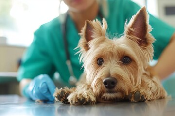 Veterinarian examining yorkshire terrier lying on examination table