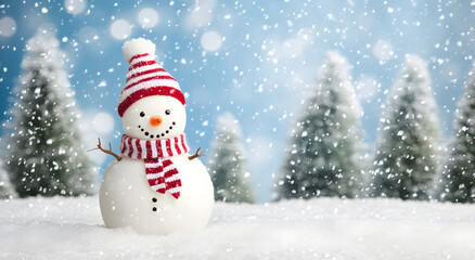 Obraz premium Christmas decoration with a cute cheerful snowman in the snow in the winter forest bokeh background. AI generative. 