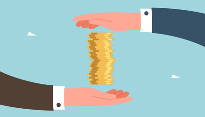 Fototapeta premium Teamwork for income and salary growth, cooperation for financial and economic stability, increasing investments or savings, increasing currency value, large hands protect the stack of coins.