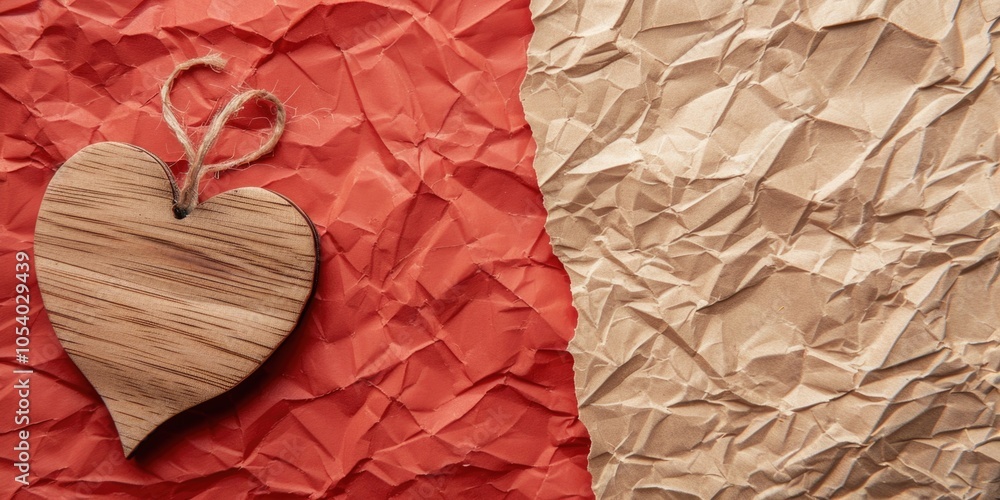 Poster heart is hanging from a string on a piece of red paper. the heart is on a piece of paper that is tor