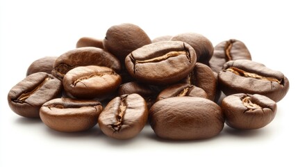 Naklejka premium A small pile of coffee beans isolated on white, showcasing their rich, roasted brown tones and textured surface for a close-up view