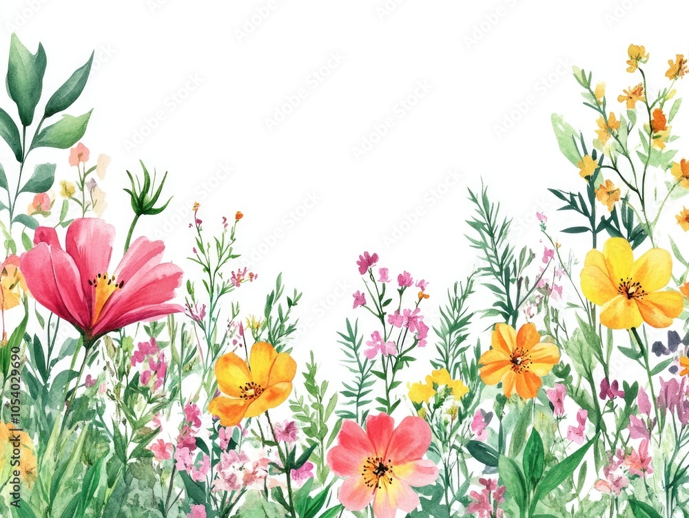 Poster painting of a field of flowers with a white background. the flowers are in various colors and sizes,