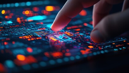 Detailed view of fingers manipulating a floating 3D business model in a futuristic office, neon lighting, sharp focus on the hologram.