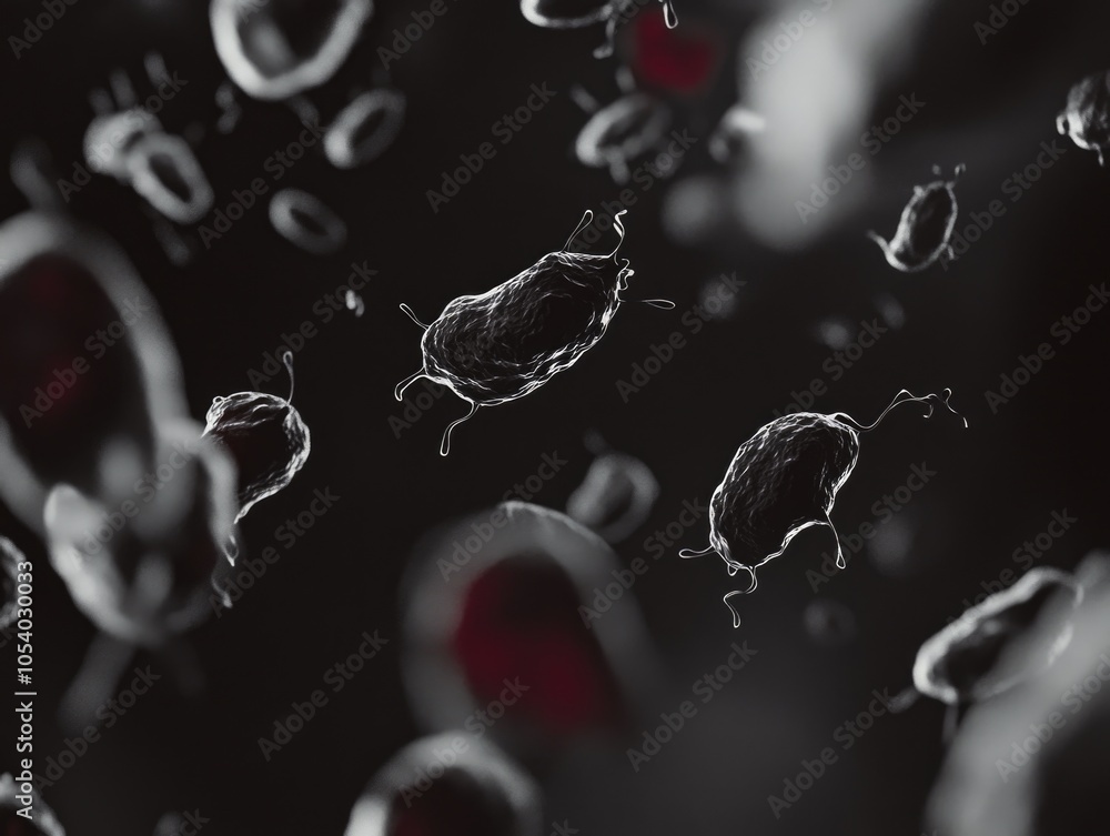 Poster close up of a bunch of red and black dots. the dots are all different sizes and shapes. the image ha