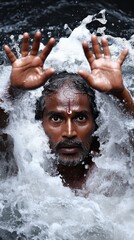 Fototapeta premium A man with a beard emerges from the water, with his hands raised and a splash of water surrounding him.