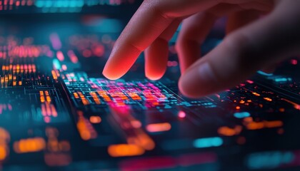 Naklejka premium Detailed view of fingers manipulating a floating 3D business model in a futuristic office, neon lighting, sharp focus on the hologram.