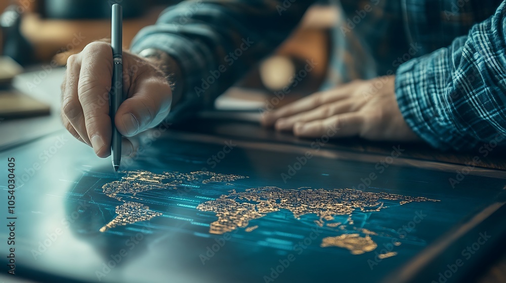 Poster close-up of a man's hand drawing on a digital tablet with a stylus, depicting a glowing map of the w