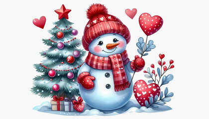Fototapeta premium Watercolor Clipart of a Cute cartoon snowman in a red hat and scarf holding hearts, isolated on a white background